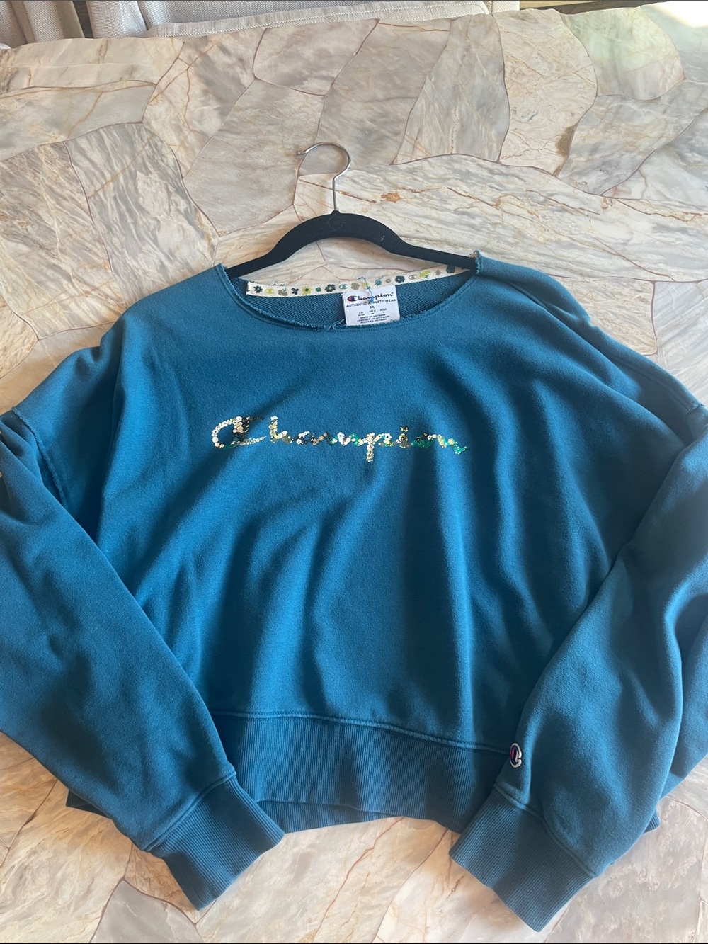 Champion Teal Sequin Script Logo Sweatshirt